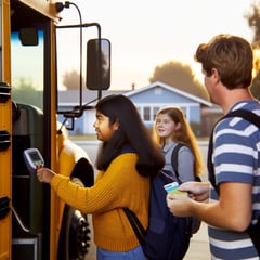 Students boarding bus with GPS tracking reader